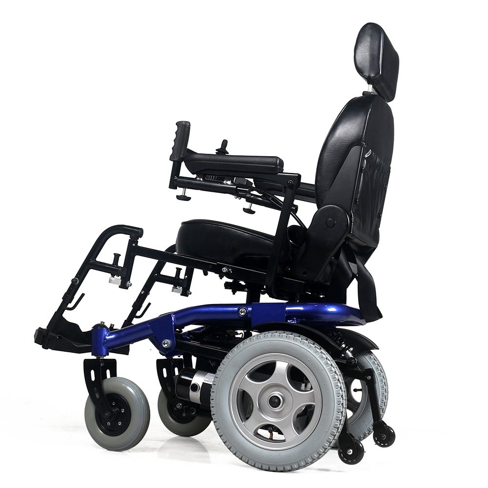 Silla de ruedas de potencia media con tres suspensiones para niños.